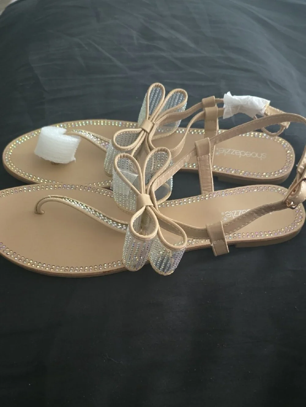 Shoe Dazzle Nude Bow Toe-Post Sandals with Rhinestone Trim
